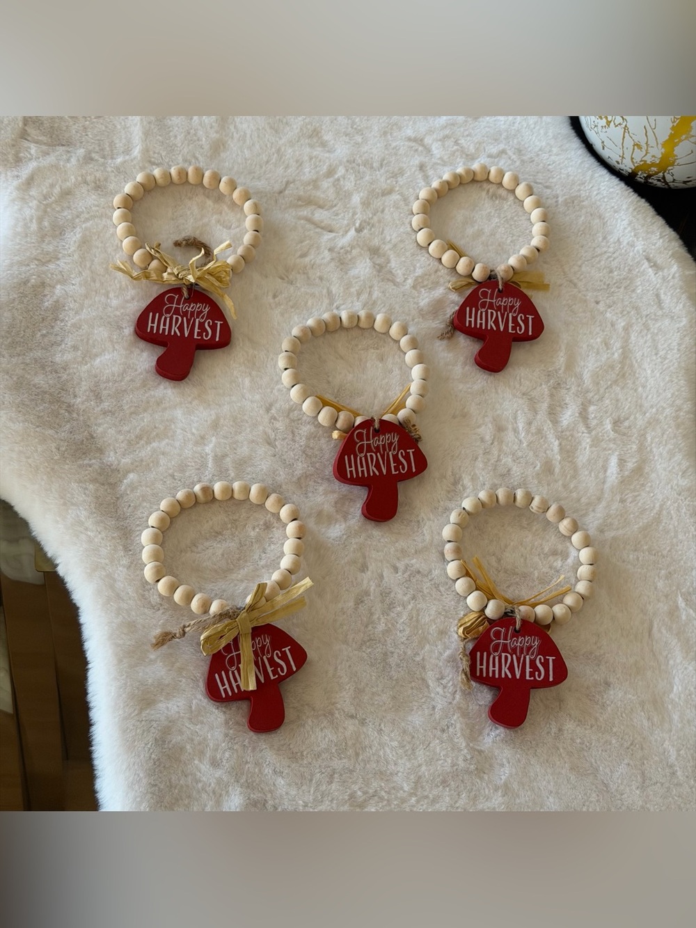 Set of 5 Happy Harvest Mushroom Wood Bead Napkin Rings Fall Table Decor
